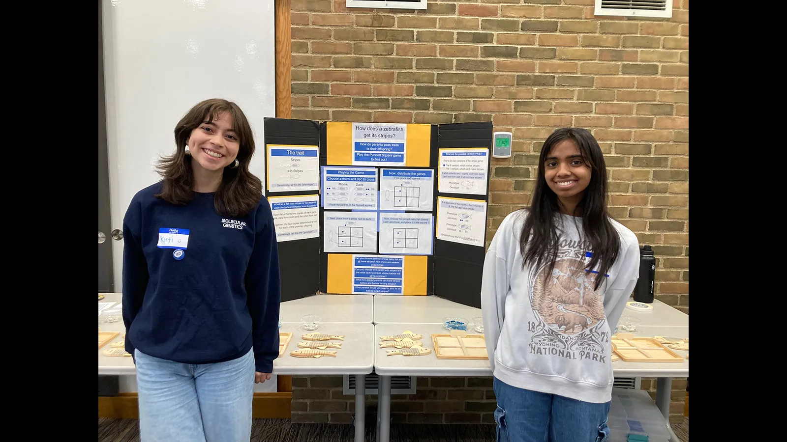 Two voluteers ready to explain the Punnett square game