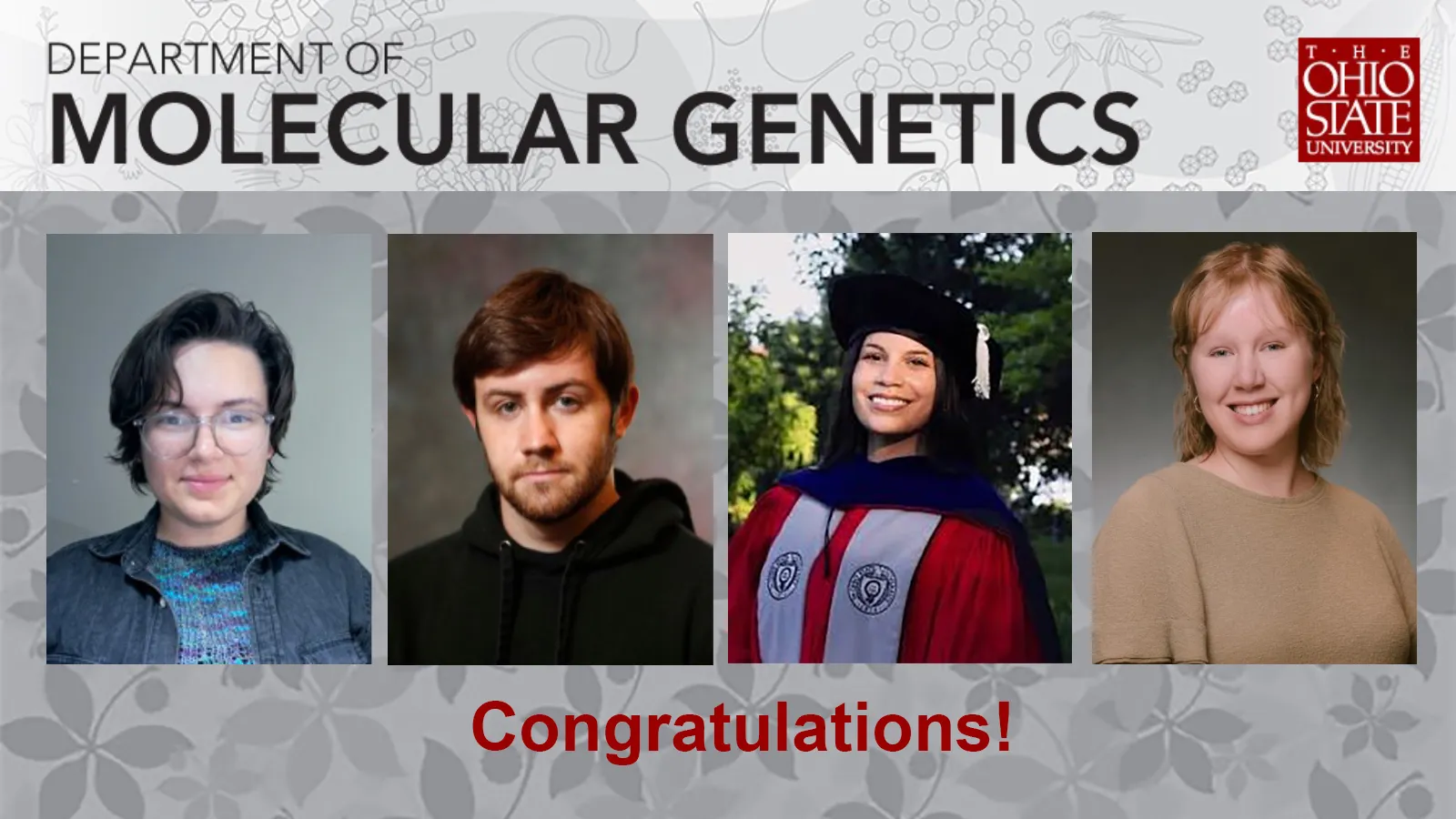 Congratulatory announcement with headshots of Drs Amstutz, Gohmann, Posada Alvarez, and Poska